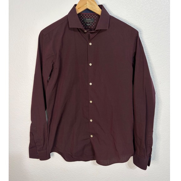 Zara Other - Zara Man Slim Fit Button Down Shirt Mens Medium Burgundy Maroon Long Sleeve